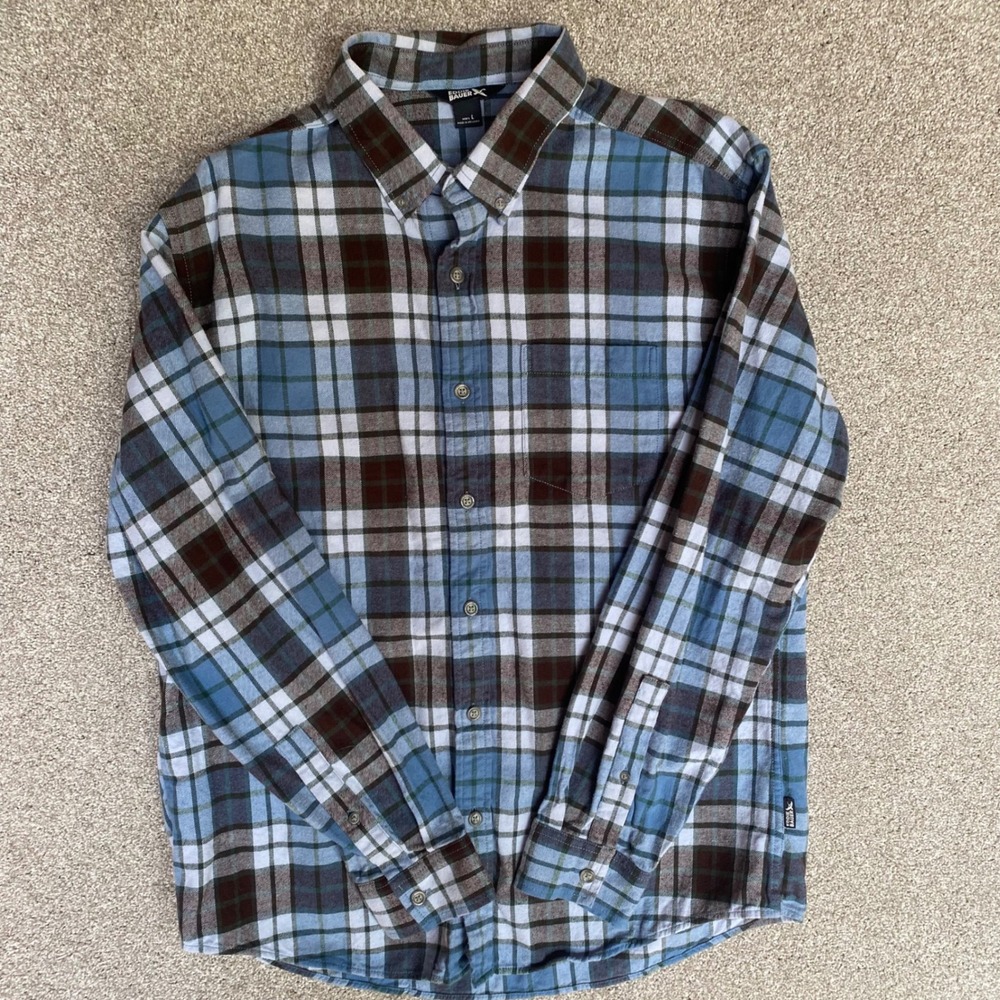 Eddie Bauer Flannel Shirt Mens L Blue Brown Plaid Excellent Button Down Cotton